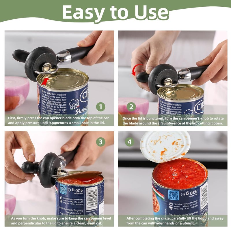 Kitver Can Opener Manual Tin Opener Stainless Steel Heavy Duty, Oversized Hand-held Easy Rotary Knob, Safe Cut Manual Can Opener with Non-Slip Handle, Smoother Cut Sharp Blade for Seniors Kitchen Tool, Black - Image 5